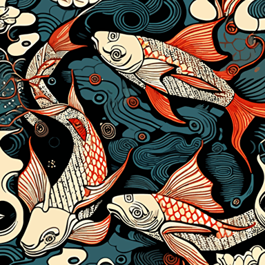 Koi fish, Japanese inspired fabric patterns, in the art style of Terry Gilecki, fine detail, traditional asian inspired theme and patterns, vector contour