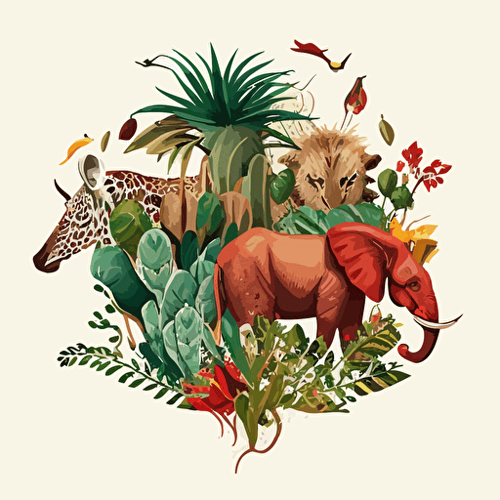 : Vector, Africa Print with various African wildlife, such as elephants, lions, or giraffes, gathered around a chili pepper plant