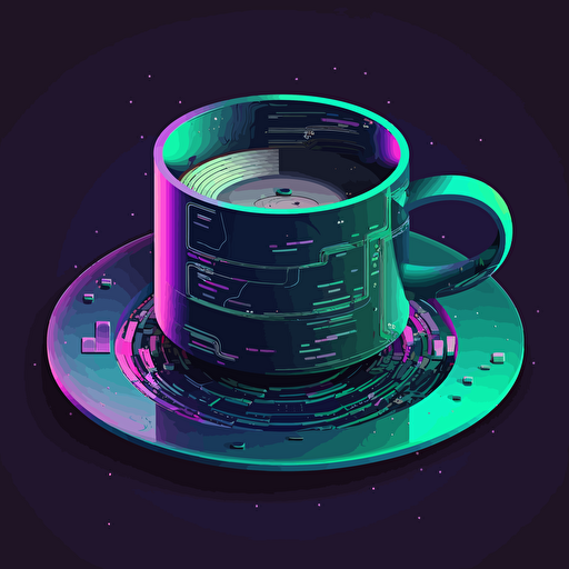 A futuristic coffee cup merging with a database disk (medium: vector art)(style: combining elements of cyberpunk aesthetics and flat design)(lighting: vibrant neon accents, emphasizing the high-tech nature of the disk)(colors: contrasting shades of dark grays and vivid neon blues, greens, and purples)(composition: a 3/4 angle perspective, captured with a wide-angle lens to give a sense of depth, placing the coffee cup-database hybrid as the central focal point)