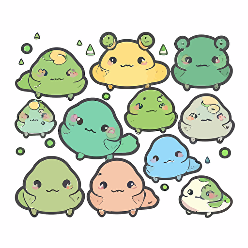 pastel colors, cartoon, simple, chubby green frogs, cute, sweet, sticker, contour, anime chibi art style