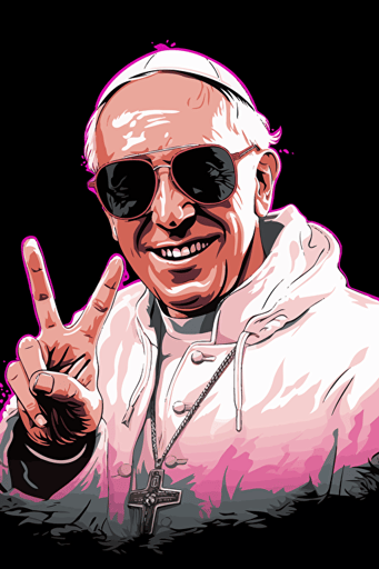 pope francis, wearing a white hoodie and white stylish gen z popstar suit fancy coat jacket, stylish sunglasses, smiling, giving a peace sign, 80s comic style vector poster, pinks and whites, black background,