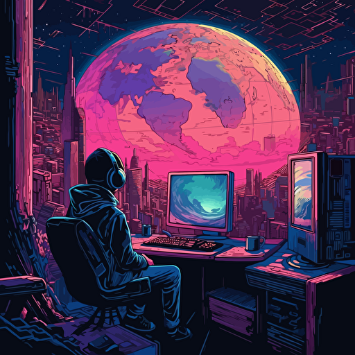 the world outside of earth, spiritual limbo, matrix realm, inside of the computer, synthwave, vector, anime, manga