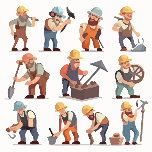 12 yaers old Builders Wearing Hard Hat with Construction Tools Executing Work Vector Set, different poses, isolated, white background