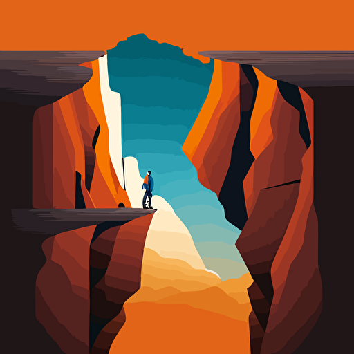 2d vector illustration, one businessman is on the top left of a gap between two mountain cliffs. Simple, bright. 1600x1200px