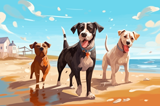 a Jack Russell terrier, a fat chocolate Labrador, a fawn American Great Dane, playing at a beach, vector art style,