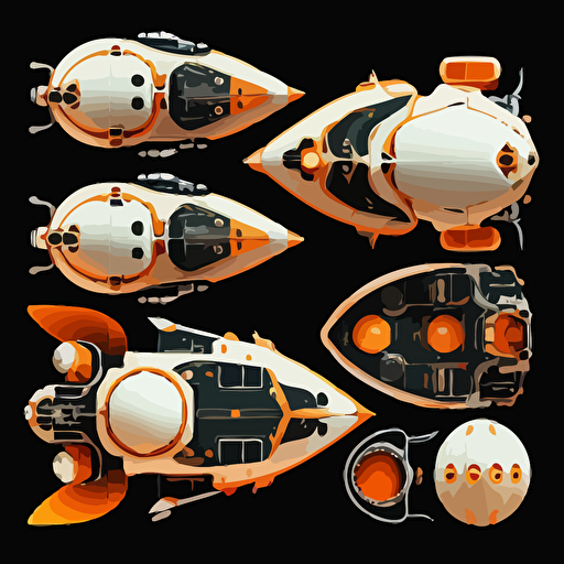 orange and white space ships on black background, top-down view, clean, simple, no shadows, vector