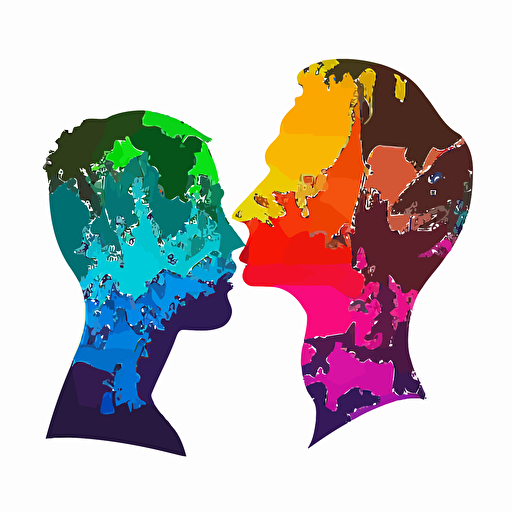 multi colourful pride inspired simple vector full silhouttes of two mens heads about to kiss