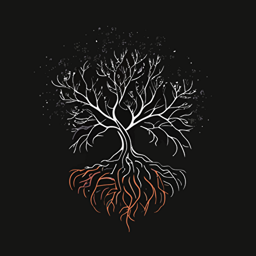 logo, simple, minimal line, vector, tree of life with lava flowing below the roots, black background