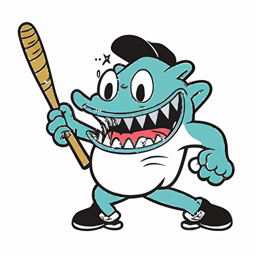 suckermouth catfish baseball mascot swinging an american baseball bat, simple vector, rubber hose cuphead style