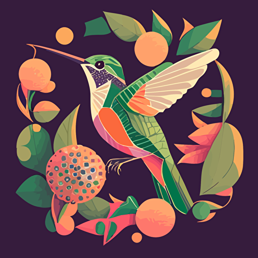 Pop Art Deco Hummingbird, Vector, Logo, green, pink, orange , floral, fruits