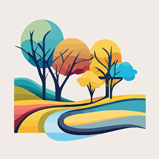 A minimalist vector logo of a landscape with trees, rivers, fields in playful colors
