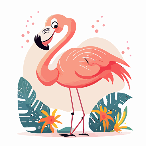 Vector cute flamingo, white background, pastel colors,smiling,winking,thick legs