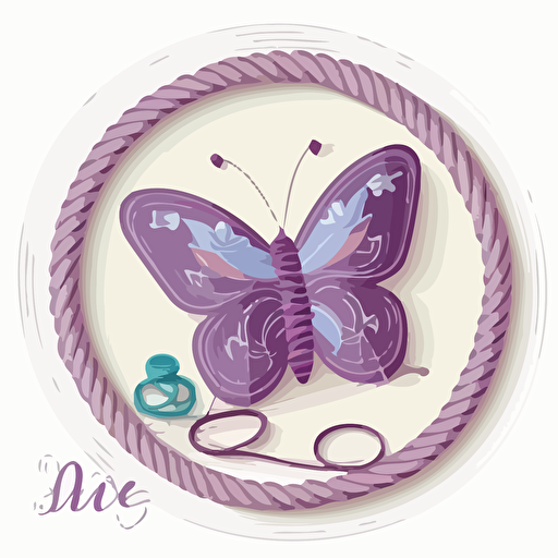 handmade bracelet, purple butterfly, spool of thread, surrounded by a thin rope, logo, vector illustrated, flat design, cartoonish.