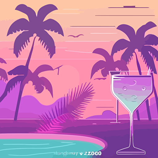pool party, comic style, pastel colors, violet, coctails, palms, sunset, vector, flat background