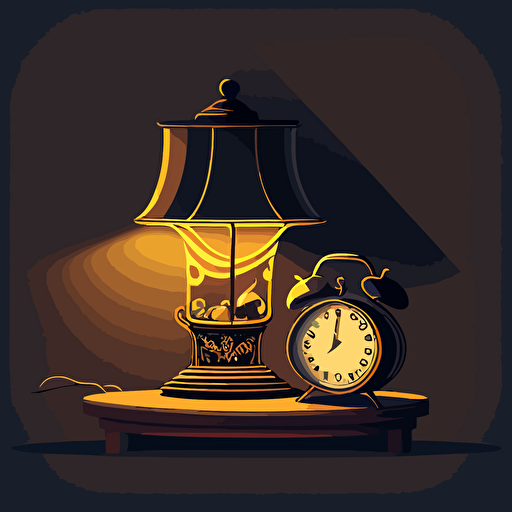 illustrated scene of a nightstand with an alarm clock and a lamp. Vector. Moody. Detailed. Contrasting shadows