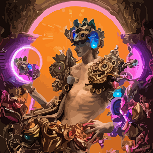 body rococo cyberpunk style sculpture young handsome spanish prince half android chest exposing glowing orange gem glowing pink laser eyes crown blue gears giant diamonds swirling salmon colored silk fabric robotic raptors dinosaurs baroque elements length view intricate artwork caravaggio trending artstation octane render cinematic lighting right hyper realism octane render 8k depth field 3d