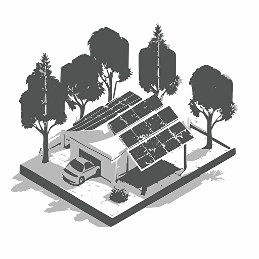 monochromatic vector image of a workshop with trees and photovoltaic panels on the roof, white background