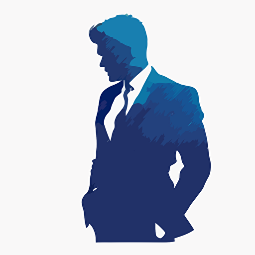 silhoette of professional man, arms crossed, blue color, white background, simple design, vector style
