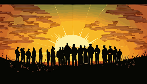 WIDE ANGLE shot perspective. Vector Art, The Sun is starting to set on a warm summer day. A SMALL GROUP of modern day Christians of all ages, have gathered casually to pray together as the sun goes down, They are attired for the summer. They are huddled together, praying arm in arm with their heads bowed, facing the beautiful sun as it begins to set on the distant horizon. Soft, richly colored image
