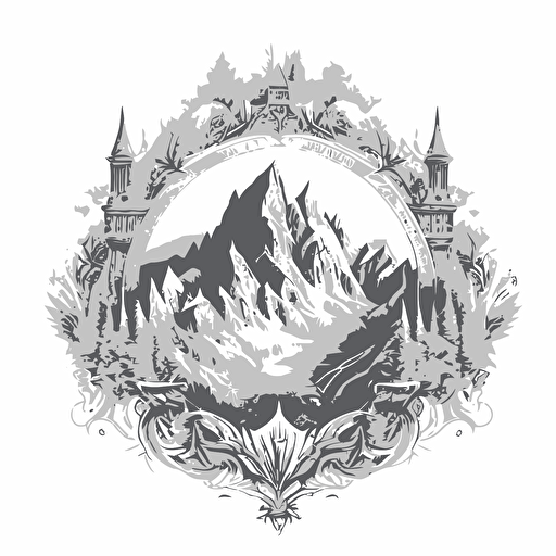 fantasy crest of a large wintry kingdom surrounded by mountains, pencil art, logo, vector, white background