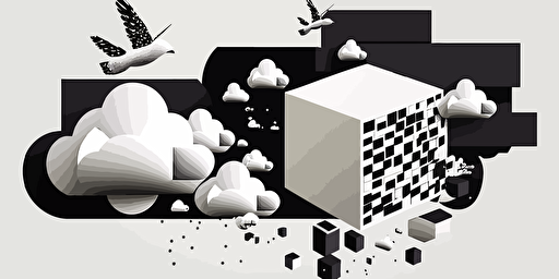 minimalist, vectorized, white and black colors, print layer , delicacy, 6 small white and black cubes with tiny wings flying toward one white cloud in the sky in the distance, boxes are in the same size