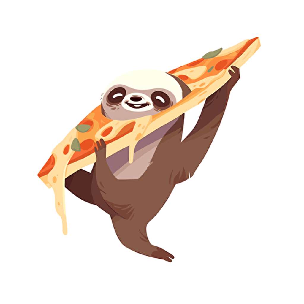 A sloth surfing on a slice of pizza, vector art, illustration, disney style, blank white background