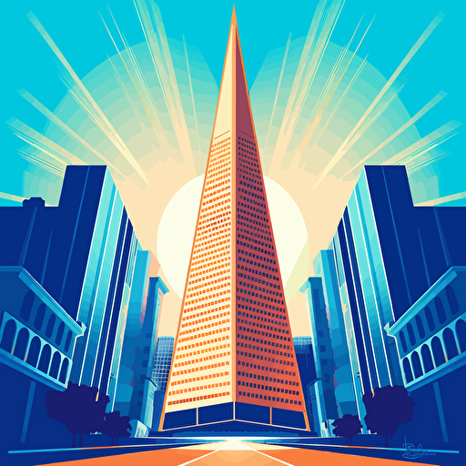 vector art colorful and playful, san francisco transamerica pyramid, 2 colors, blue shadows , 2d, contrasty shadows, flat with no perspective