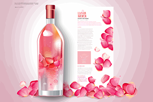 alcohol brand bottle vectorized sales sheet design layout, full resolution, pink white, pink rose petals , illustrator