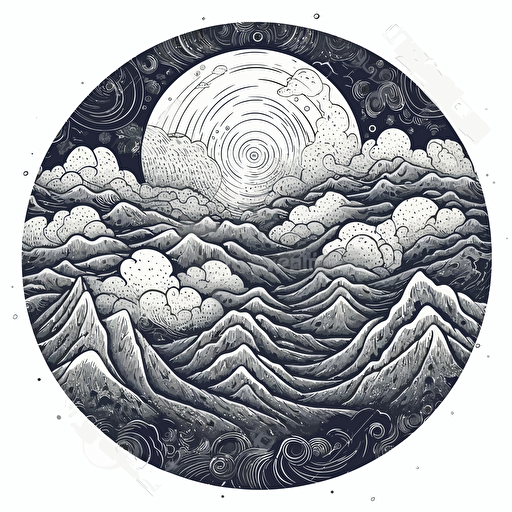 rolling mountains atmospheric clouds blowing, vector doodles illustration minimalistic sacred geometry in a circular pattern, angelic, contrast of scale