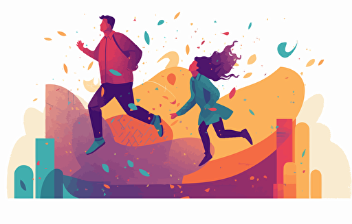 person illustration vector children, a girl, an adult and an older boy jumping, in the style of light indigo and maroon, princesscore, colorful animation stills, 1970–present, oversized objects, musical influences, subtle humor