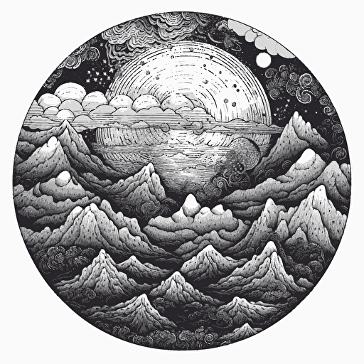 rolling mountains atmospheric clouds blowing, vector doodles illustration minimalistic sacred geometry in a circular pattern, angelic, contrast of scale