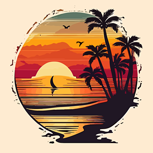 create a wooden vector style surfboard stuck in a beach next to palm trees and waves of water in a circle on white background simple and vector style very colorful with sunset