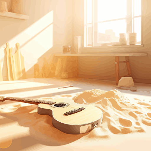 guitar lies next to a pile of flour, positive, sunny, bright, music studio in the background, stylization vector