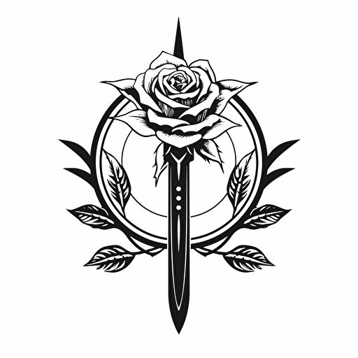 minimal vector art sigil of a rose and a blade, sharp, simple design, black on white backdrop