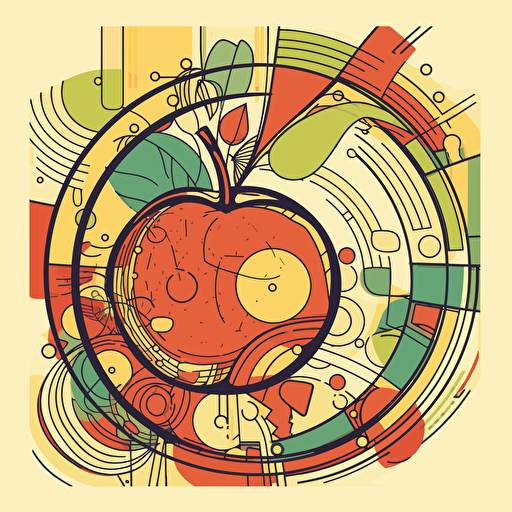 apple thick line illustration with framed botanical ornaments illustration with a shinning sun using the illustrator illustration styles, vectorized, organic forms and shapes, cubism art style, pantone colorful pallet