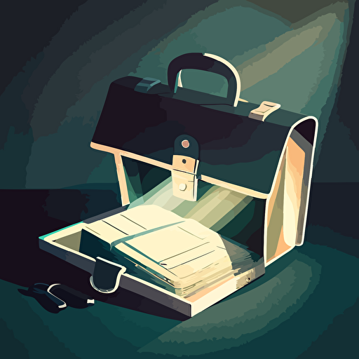 illustration of a briefcase with some paper coming out of it. vector, moody, contrasting shadows.