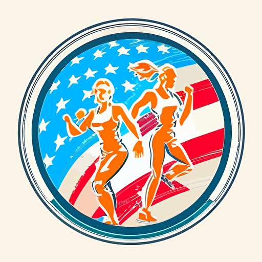 logo of two American Patriots. Female doing physical fitness training. Drawn in a circle. White background. Vector. Clean colors. No shadows.