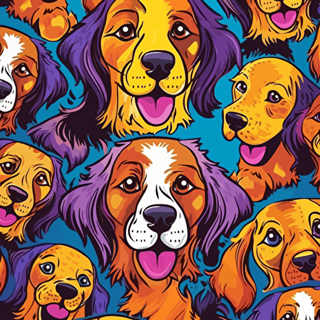 funny dog pattern, vector, vibrant colors, colored background