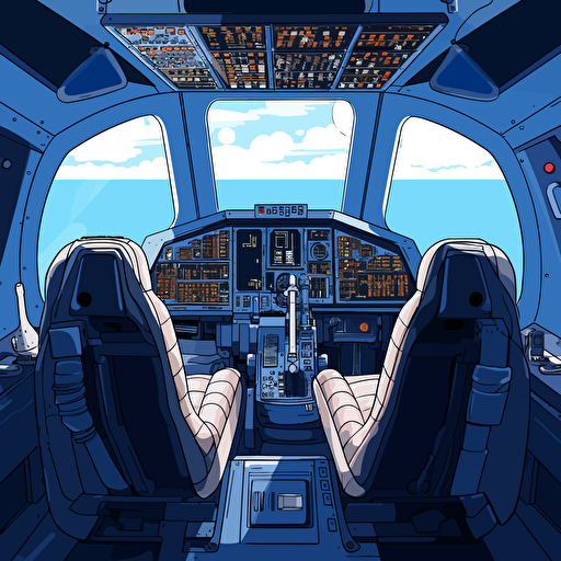 R2D2 in the pilot seat of a Boeing 747. Outside the windows there is bright blue sky and sunshine. Vector style