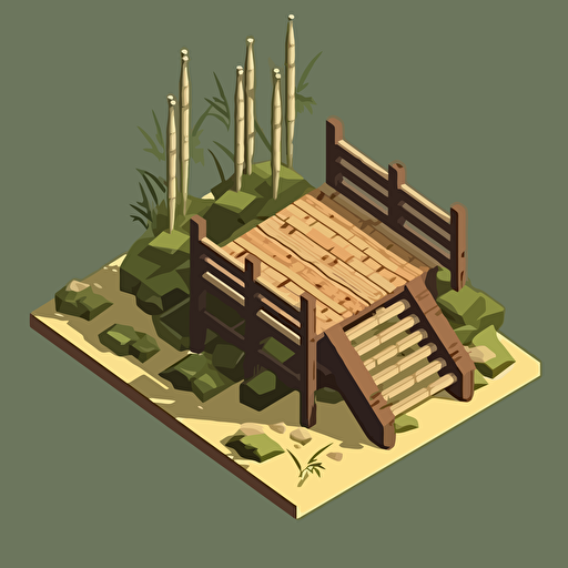isometric cartoon vector style image of a broken small bamboo square platform