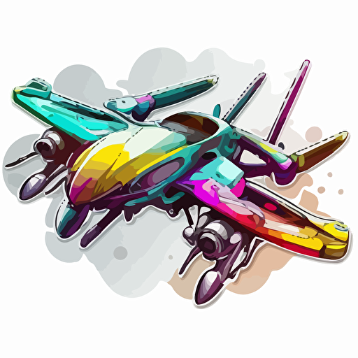 sticker, colorful battle drone flying, contour, vector, white background