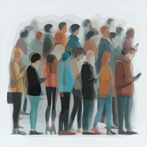 a vector illustration of a Large crowd, group of people isolated on white background, adults looking at their phones.