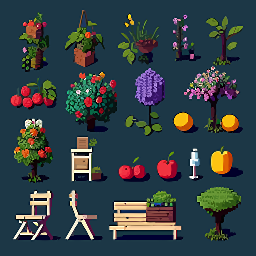Pixel art ,Lovely flowers, fruits, chairs, trees,assets knolling items,vector