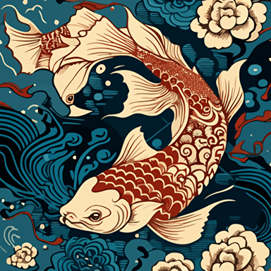 Koi fish, Japanese inspired fabric patterns, in the art style of Terry Gilecki, fine detail, traditional asian inspired theme and patterns, vector contour