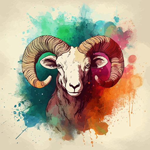 vector line drawing of aries sign, with multicolor, watercolor background.