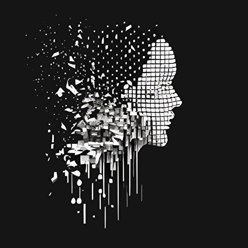vector art , flat design, black and white , a minimalistic human head that is dissolving into pixels