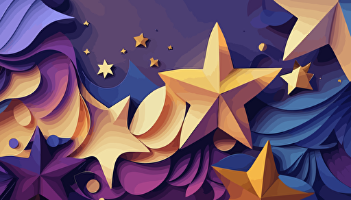 bright gradient palette blue purple gold star shapes are on a lighter background, in the style of hand-drawn animation, high fidelity vector illustration, sparse backgrounds, cut and paste, flattened perspective, simplified shapes