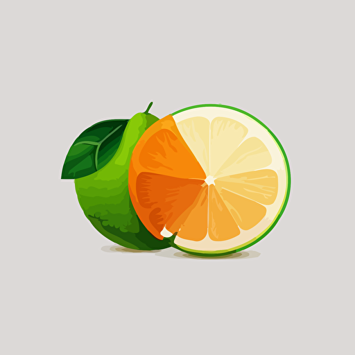 minimalist, orange fruit with half of a green lime in front, 2d, clean, illustration, vector, white background, cartoon, logo, clean