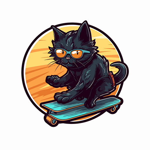 a vector illustration of a black cat riding a longboard skate, speeding, sticker design, the cat has cool sunglasses, isolated on white background