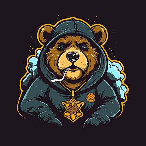 2d Minimalist logo design of a bear smoking marijuana dressed in hip hop attire, splash art, vector art